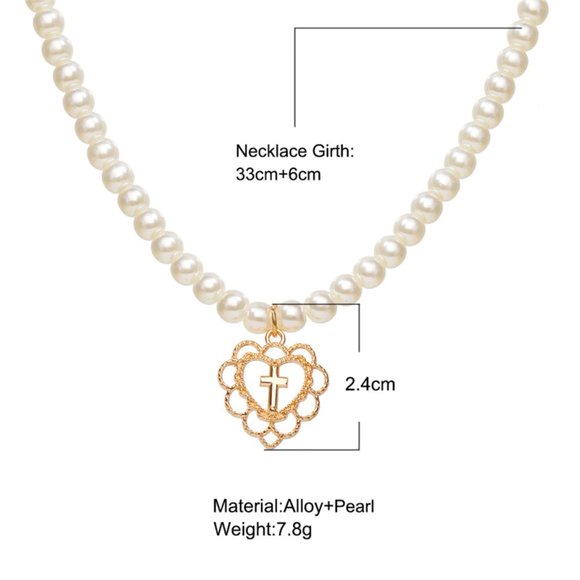 Gold Cross Heart Pearl Choker Necklace - Picture 2 of 2